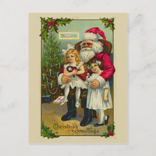 Santa with two girls holiday postcard