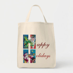 SANTA WITH VIOLIN AND CHRISTMAS TREE H MONOGRAM TOTE BAG