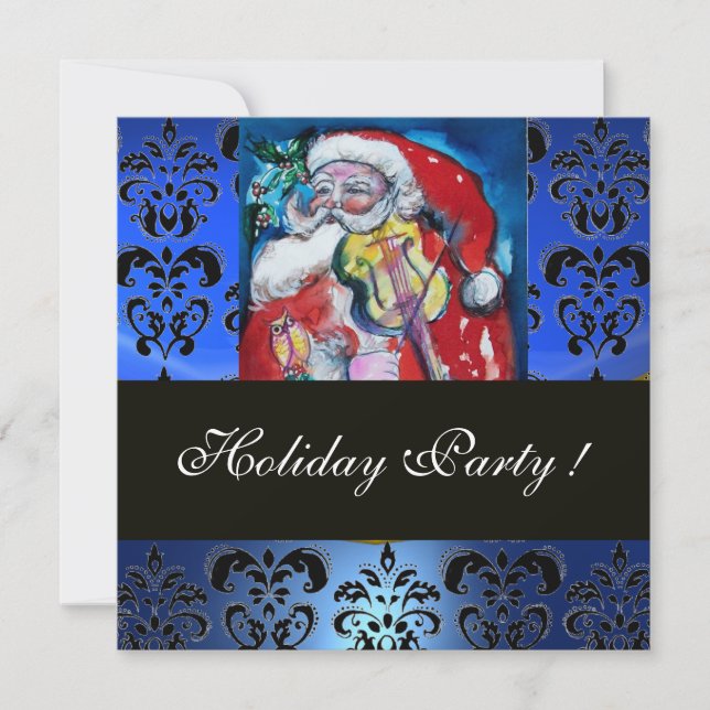 SANTA WITH VIOLIN ,BLUE BLACK DAMASK MONOGRAM Ruby Invitation (Front)