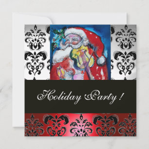 SANTA WITH VIOLIN ,RED BLACK DAMASK MONOGRAM Ruby Invitation