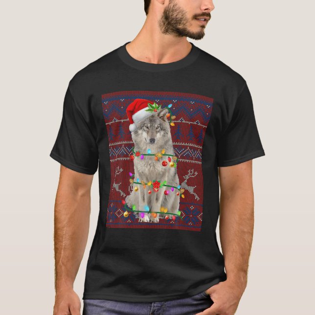 Santa Wolf Christmas Tree Light Pajama X-Mas Match T-Shirt (Front)