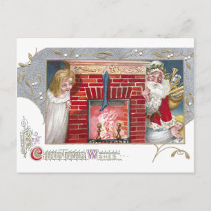 Santa, Woman & Fireplace Vintage Christmas Holiday Postcard