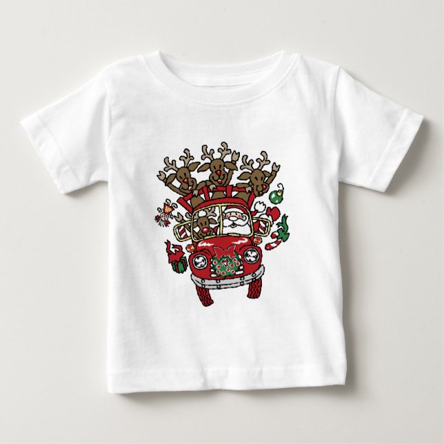 Santa Woody and His Reindeer Christmas Cartoon Baby T-Shirt (Front)