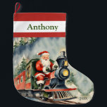 Santa Xmas Train Boys Large Christmas Stocking<br><div class="desc">Celebrate Christmas with our delightful boys' Santa Xmas train stocking. Designed to bring festive spirit and excitement to your holiday celebrations. Perfect for every young train enthusiast! Ideal for filling with goodies and making your holidays extra fun! It adds a fun twist to your festive decor. Add that special name...</div>