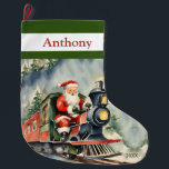 Santa Xmas Train Large Christmas Stocking<br><div class="desc">Celebrate Christmas with our delightful Santa Xmas train stocking. Designed to bring festive spirit and excitement to your holiday celebrations. Perfect for every young train enthusiast! Ideal for filling with goodies and making your holidays extra fun! It adds a fun twist to your festive decor. Add that special name and...</div>