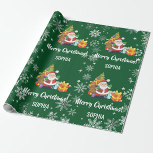 Santa Xmas Tree Gifts Snowflakes Personalise Name Wrapping Paper