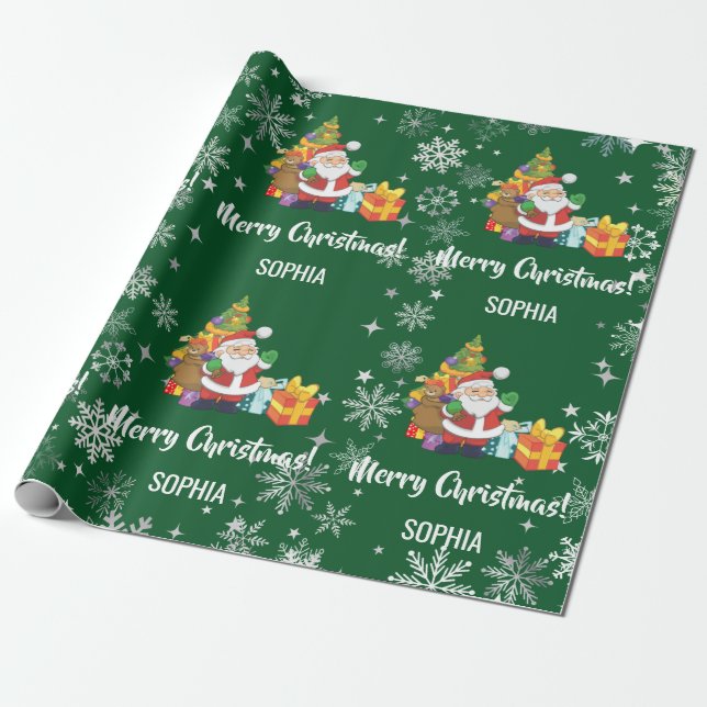 Santa Xmas Tree Gifts Snowflakes Personalise Name Wrapping Paper (Unrolled)