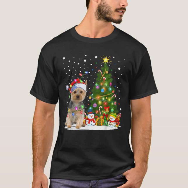 Santa Yorkie Dog Xmas Tree Lighting Yorkie Christm T-Shirt (Front)