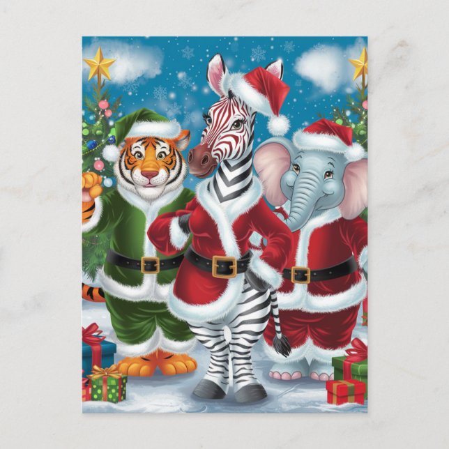 Santa Zebra,Tiger, and Elephant Postcard (Front)