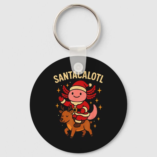 Santacalotl Santa Claus Cute Axolotl Snow Reindeer Key Ring (Front)