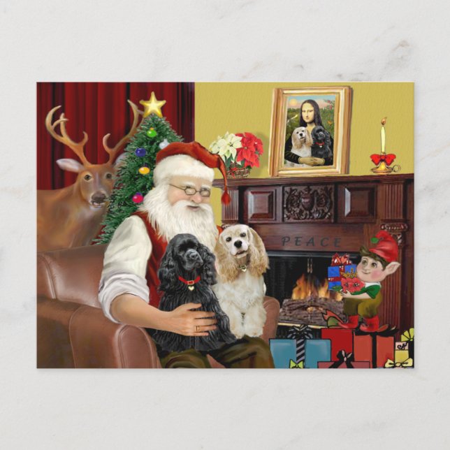 Santa's 2 Cocker Spaniels Holiday Postcard (Front)