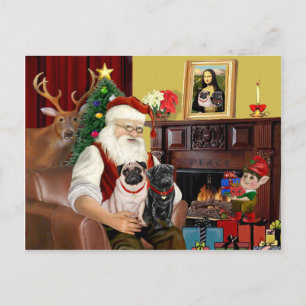 Santa's 2 Pugs (fawn + black) Holiday Postcard