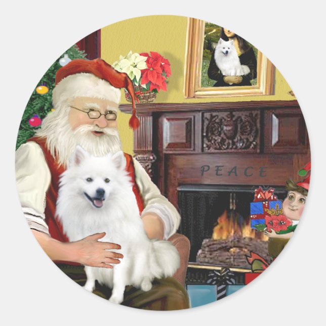 Santa's American Eskimo Dog Classic Round Sticker (Front)