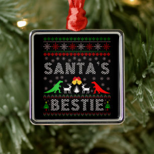 Santa's Bestie Dino Winter Christmas Ugly Sweater Metal Tree Decoration