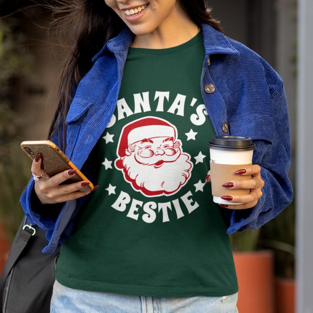  Santa's Bestie Modern Green Women's Christmas T-Shirt (Creator Uploaded)