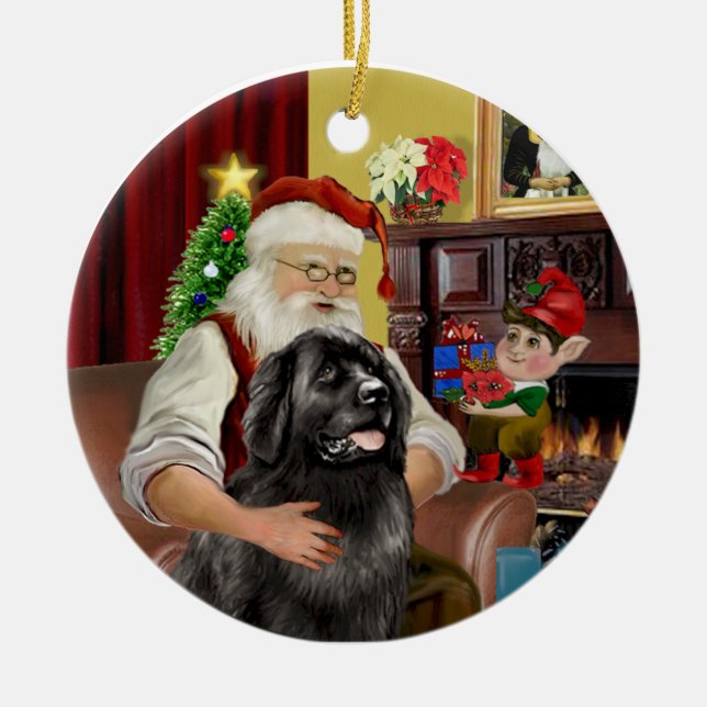Santa's Black Newfoundland #2 Ceramic Tree Decoration (Front)