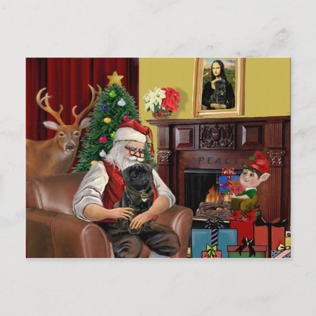 Santa's Black Pug Holiday Postcard (Front)