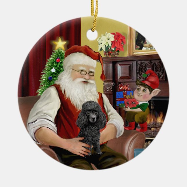 Santa's Black Toy/Min Poodle Ceramic Tree Decoration (Front)
