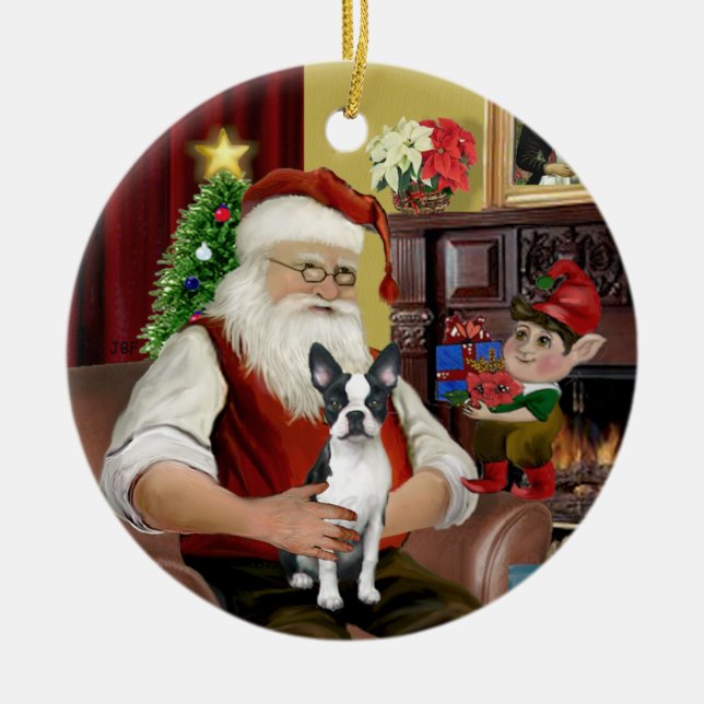 Santa's Boston Terrier #1 Ceramic Tree Decoration (Front)