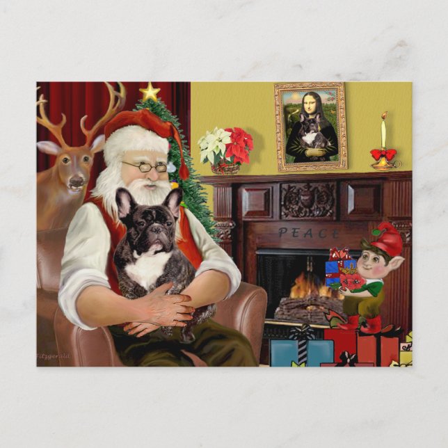 Santa's Brindle French Bulldog Holiday Postcard (Front)