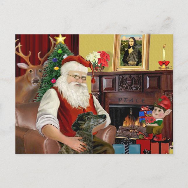 Santa's Brindle Greyhound Holiday Postcard (Front)