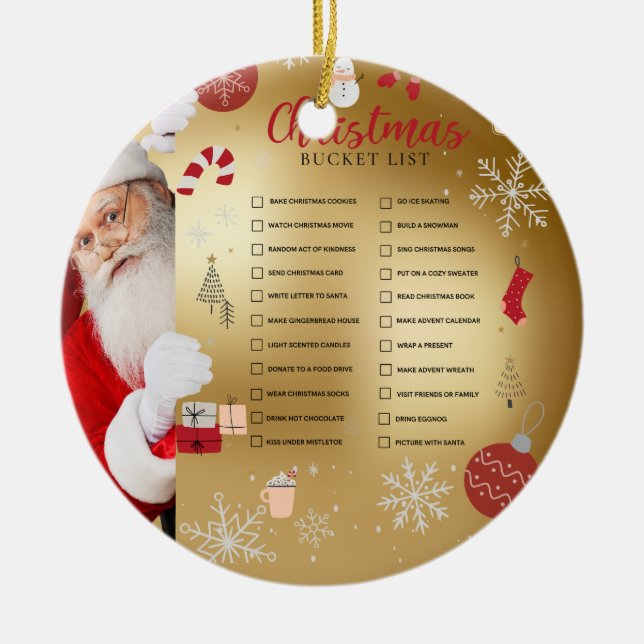 Santa's Christmas Bucket List Red Gold Ornament (Front)