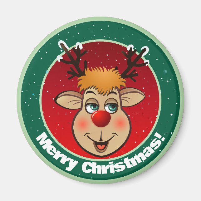 Santa's Christmas Reindeer Cartoon Magnet (Front)