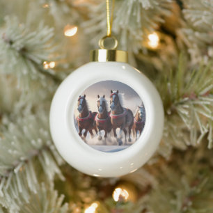 Santas Christmas Snow Horses,  Ceramic Ball Christmas Ornament