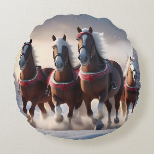 Santas Christmas Snow Horses,  Round Cushion
