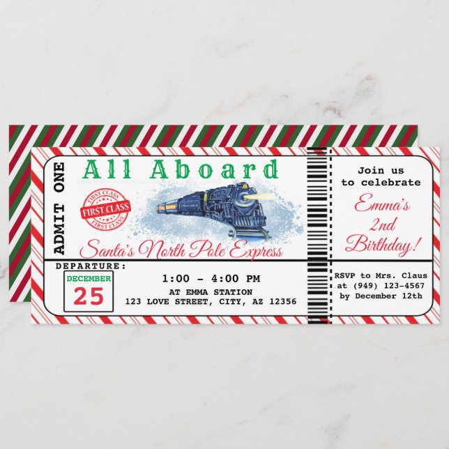 Santa's Christmas Train North Pole Ticket Birthday Invitation (Front/Back)