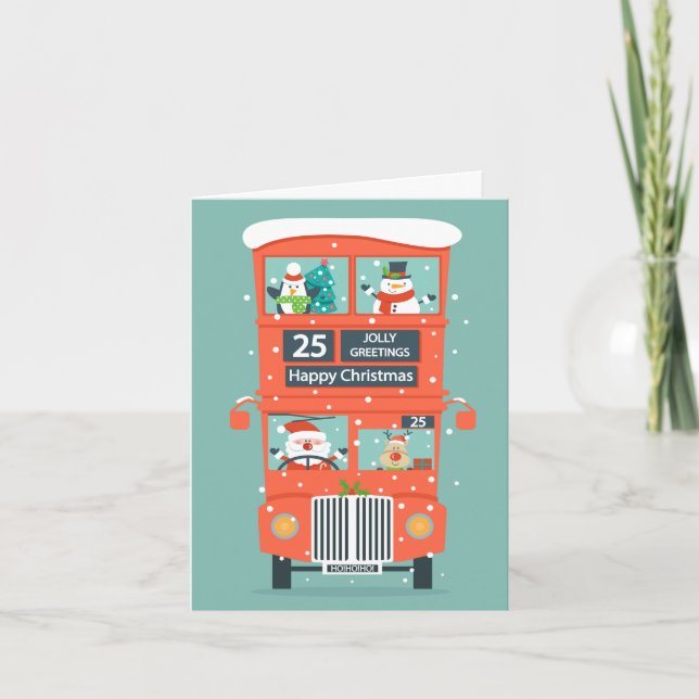 Santa's Coming in a Double Decker Bus Christmas Holiday Card (Front)