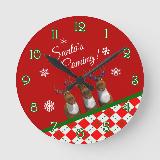 Santa's Coming Reindeer Christmas Numbered Round Clock (Front)
