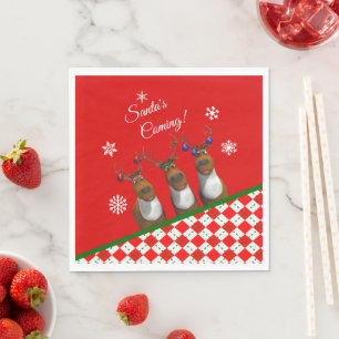 Santa's Coming Reindeer Trio Red Party Napkins