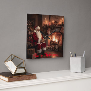 Santa's Cozy Nook Square Wall Clock