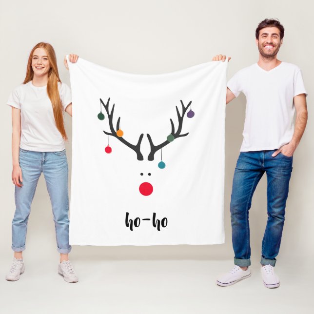 Santas cute reindeer Rudolphs head on white text Fleece Blanket (In Situ)