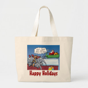 Santas Elephants Funny Holiday Cartoon Large Tote Bag