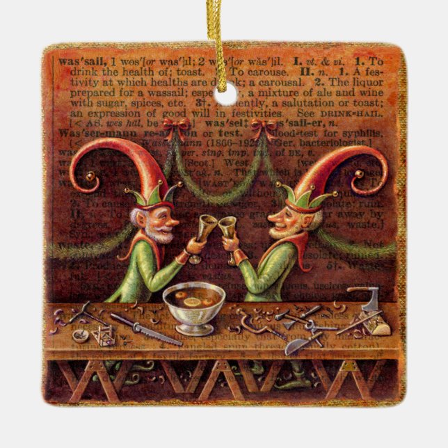 Santa's Elves Ornament, Wassail Ceramic Tree Decoration (Front)