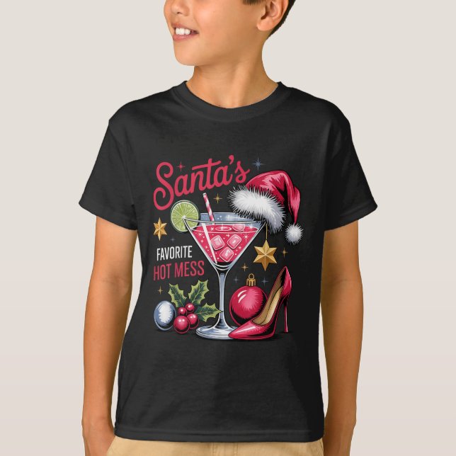 Santa's Favorite Hot Mess Christmas Martini  T-Shirt (Front)