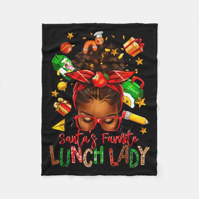 Santa's Favorite Lunch Lady Afro Messy Bun Woman C Fleece Blanket (Front)