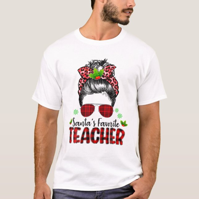 Santa's Favorite Teacher Funny Christmas Santa Red T-Shirt (Front)