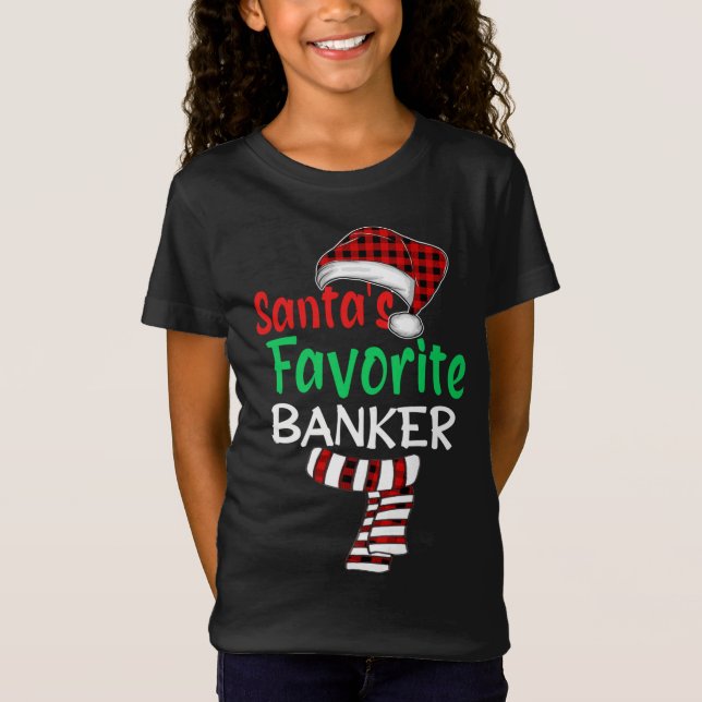Santa's Favourite Banker Christmas Santa Red Plaid T-Shirt (Front)