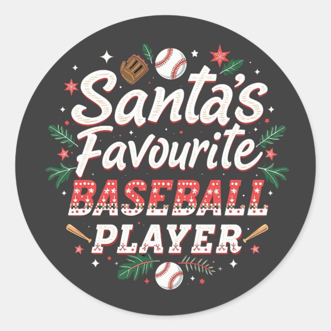 Santa's Favourite Baseball Player Christmas Tree Classic Round Sticker (Front)