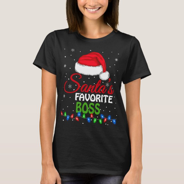 Santa's Favourite Boss Santa Hat Lights Funny Chri T-Shirt (Front)