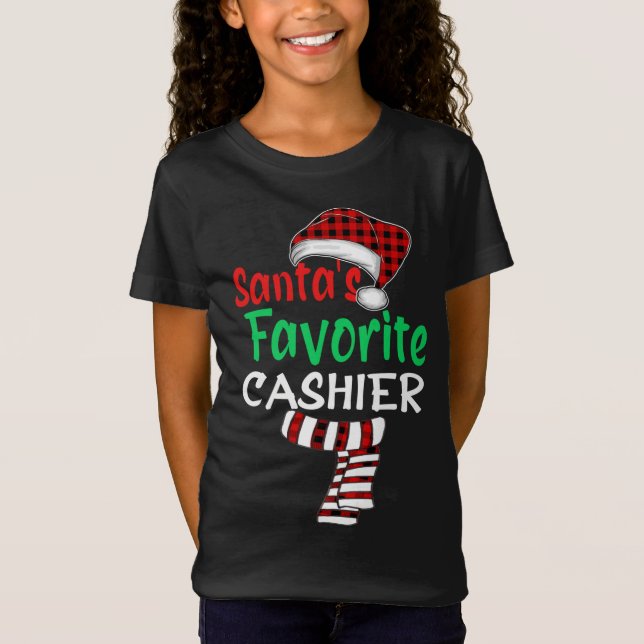 Santa's Favourite Cashier Christmas Santa Red Plai T-Shirt (Front)