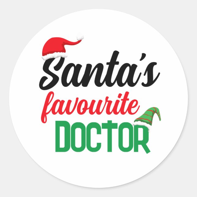 Santa's favourite doctor Christmas elf hat funny Classic Round Sticker (Front)