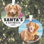 Santa's Favourite Dog Pet Photo Christmas Ornament<br><div class="desc">Personalised "Santa's Favourite" Dog Photo Ornament. Add some holiday cheer and humour to your decor with this playful ornament, perfect for showing off your pup's loveable personality. The front features the festive text "Santa's Favourite" in black fonts along with your dog's name, adding a fun twist to celebrate your furry...</div>