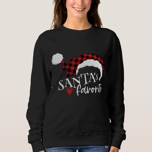 Santa's Favourite in Red Buffalo Plaid Santa Hat T Sweatshirt (Front)