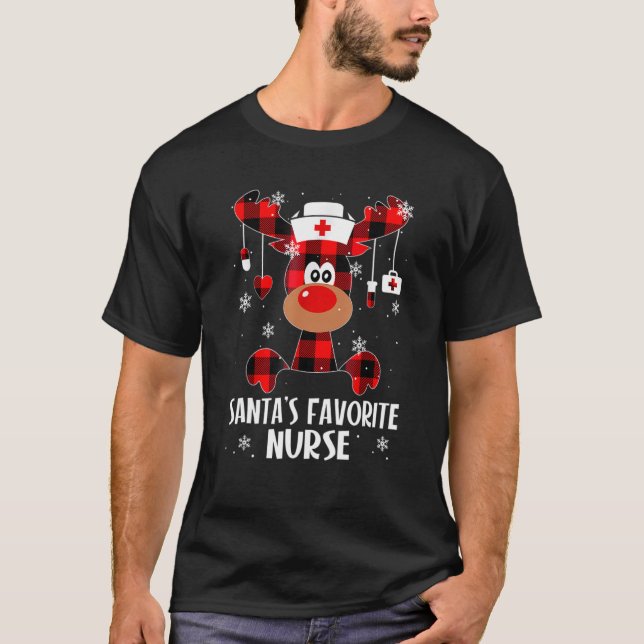 Santa's Favourite Nurse Reindeer Nursing Christmas T-Shirt (Front)
