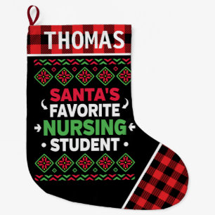 Santa's Favourite Nursing Student Ugly Christmas Large Christmas Stocking