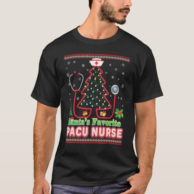 Santa's Favourite Pacu Nurse Christmas Tree Stetho T-Shirt (Front)